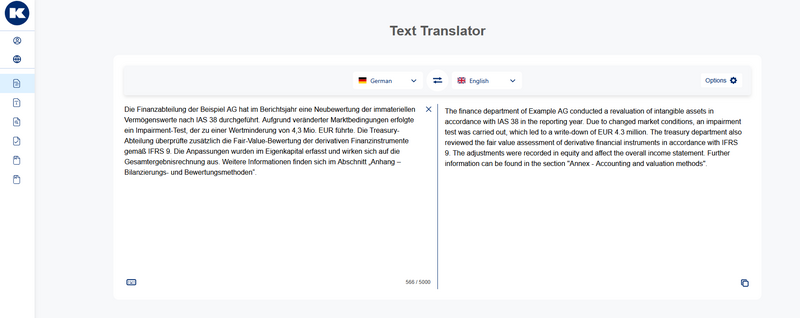 Beispiel einer Maschinelle Finanzübersetzung ohne Translation Memory und Termbank von Deutsch zu Englisch ohne Translation Memory und Termbank